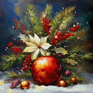 Weihnachtsstrauß mit roter Kugel und weißem Weihnachtsstern