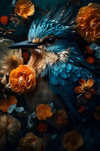 Oiseau bleu parmi les fleurs