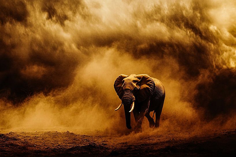 Dramatic elephant in cloud of dust by Art & Soul Creations