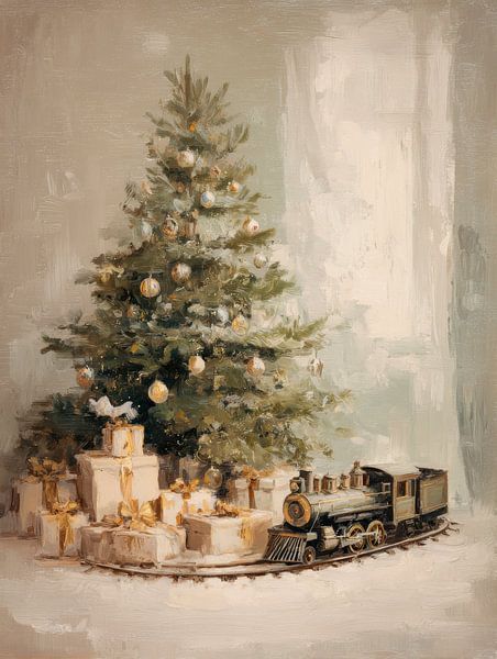 Vintage Christmas painting with tree, presents and toy train by But First Framing