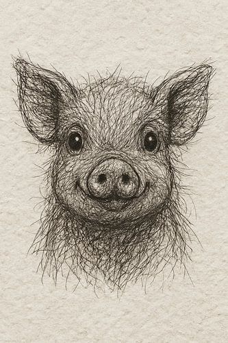 Draad portret vrolijk biggetje (baby kamer boerderij dieren vrolijk lief schattig Boho rustgevend tekening)