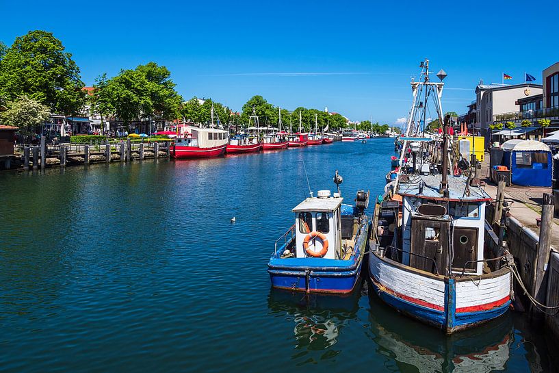Blick auf den Alten Strom mit Fischkutter in Warnemünde von Rico Ködder