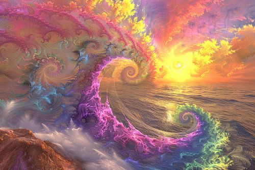 Impressionistische zonsondergang boven de golven