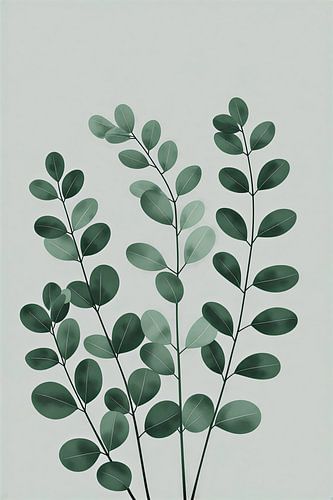 Moderne, minimalistische Illustration eines Eukalyptuszweigs auf kühlem grauen Hintergrund
