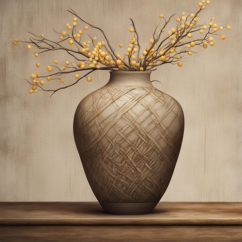 Aardetint Vaas met Gele Bessen – Minimalistisch Stilleven