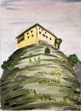 Monastère sur des rochers - Grèce - Meteora ou Athos - aquarelle réalisée par VK (Veit Kessler) 2005
