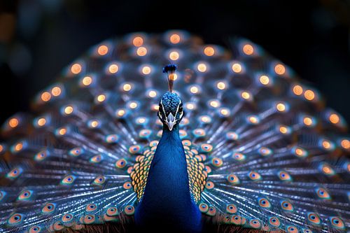Gros plan sur un paon déployant son magnifique plumage