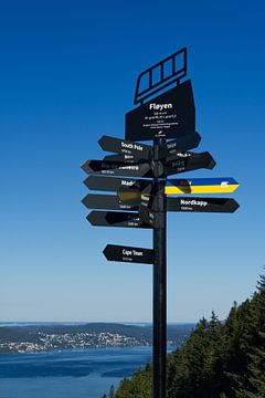 Signpost on Mount Floyen in Bergen with direction sign Kiev by Anja B. Schäfer