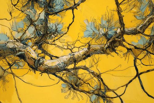 Pine branches against a golden background