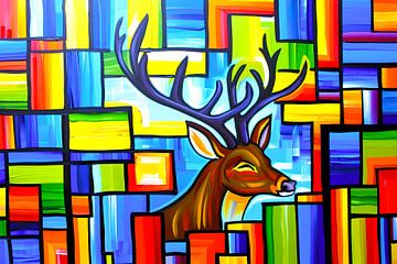 Kleurrijk kubistisch schilderij van een hert van Art & Soul Creations
