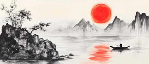 Paysage calme avec coucher de soleil rouge