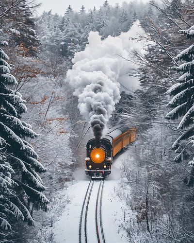 Train historique dans la forêt hivernale