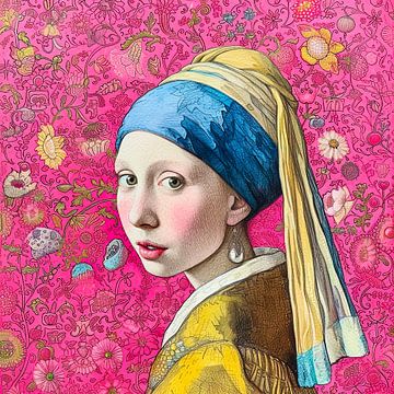 Girl with a pearl earring with flowers background by Vlindertuin Art