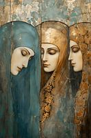 Decoratief, antiek uitziend fresco van drie vrouwen