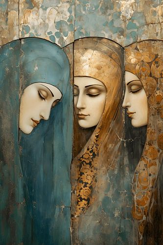 Decorative, antique-looking fresco of three women