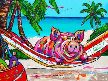 Cochon heureux dans un hamac sur Happy Paintings