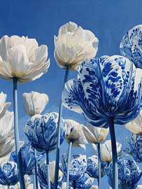 Tulip Field in Delft Blue, Modern Artwork by Wilma Mesman