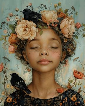 La fille, les fleurs et les oiseaux sur Atelier Pink Blossom