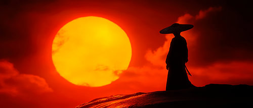 Zonsondergang met samoerai silhouet
