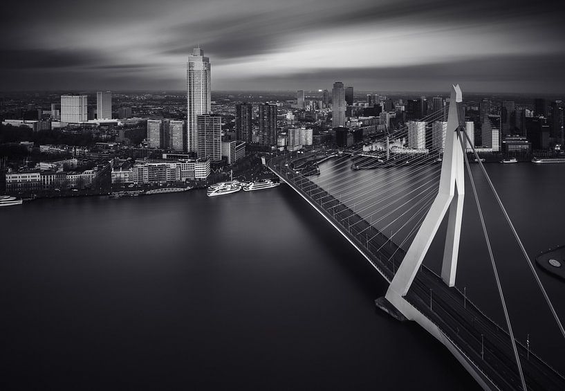 Plexiglas schilderij met De Erasmusbrug en de skyline van Rotterdam 's nachts met een weerspiegeling in het water, een beroemde bezienswaardigheid in Nederland en reisbestemming #282791120