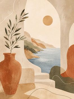 Mediterranean Serenity I – Wandbild mit Küstenbogen und Olivenvase