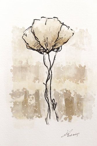 Aquarel schilderij, waterverf bloemen in goud geel en zwarte inkt pen lijnen