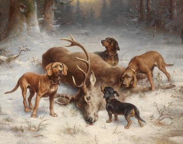Welding dogs with killed deer, Carl Reichert