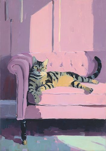 Tabby kat op een roze bank