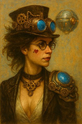 Steampunk Woman with Futuristic Planet