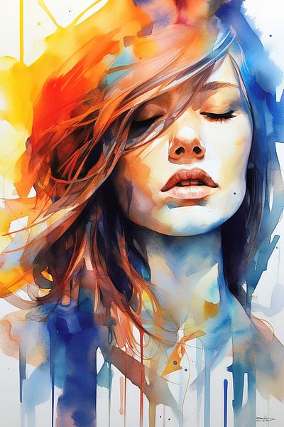 abstract aquarel van een meisje/vrouw. van Gelissen Artworks