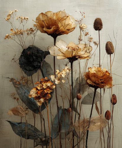 Nature morte rêveuse de fleurs séchées dans des tons de terre chauds