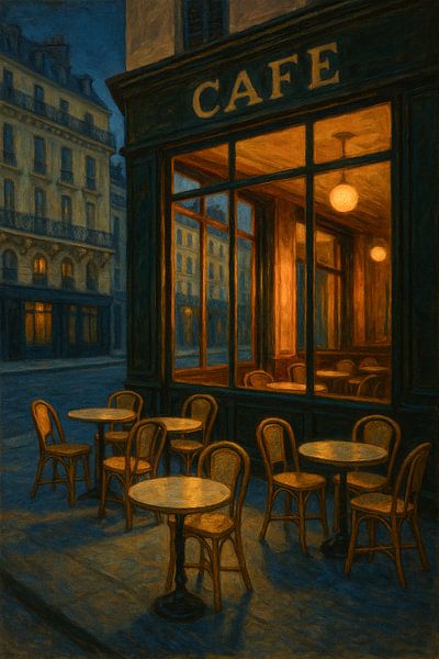 Parijse café schemering - Gouden gloed op lege tafels van Travel Shop