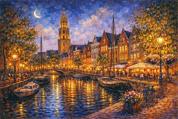 Groningen in de avond, Nederland schilderij.