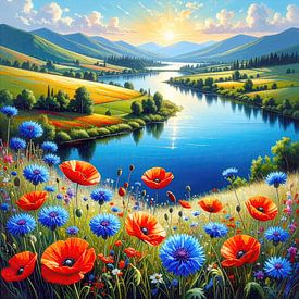 Paysage naturel avec rivière, montagnes et prairie estivale sur AidasignArt