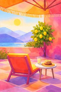 Terrasse ensoleillée avec citronnier et vue sur la mer (AI) (vacances, couleurs vives, été)