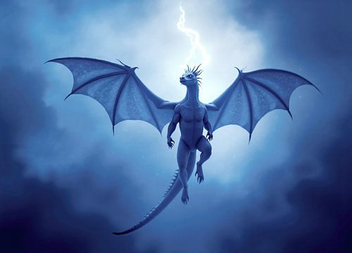 Blauer Drache fliegt im stürmischen Himmel mit Blitzen