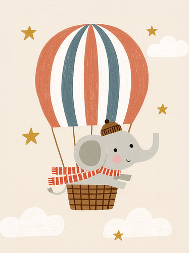 Elefant in einem Heißluftballon zwischen Wolken und Sternen