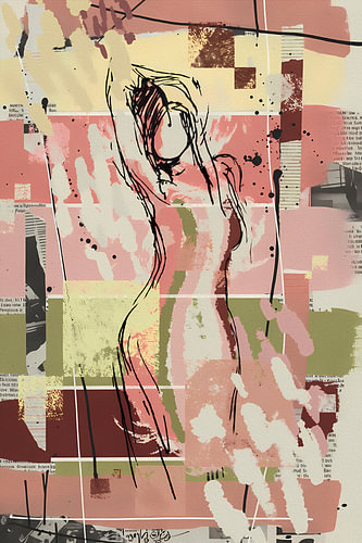 Abstract figuratief roze groen kunstwerk vrouw