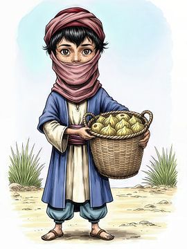 Nahöstlicher Junge mit Turban, der einen Korb mit Zwiebeln trägt von Markus Gann