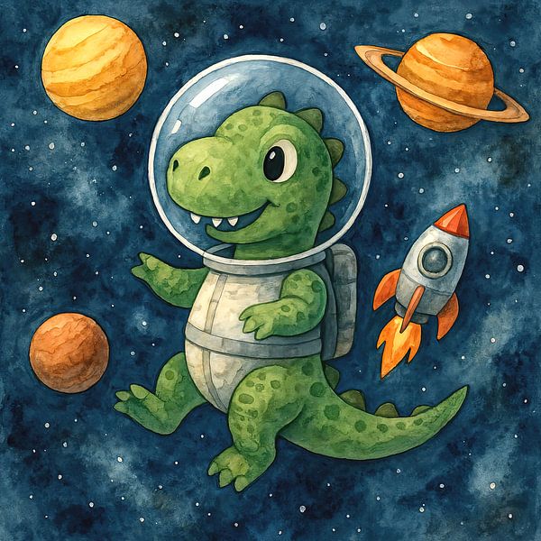Astronaut Dino in Space (AI) (Dinosaurier, Kinderzimmer, Rakete, Planeten, cool, Malerei) von Natalie Bruns