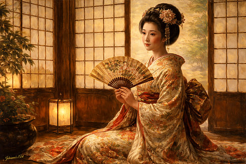 Classic Geisha in a Teahouse – Japanese Art Collection
