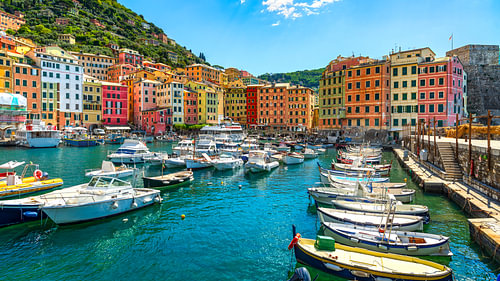 Boats in the Small Harbor of Camogli, Liguria, Italy by Stefano Orazzini