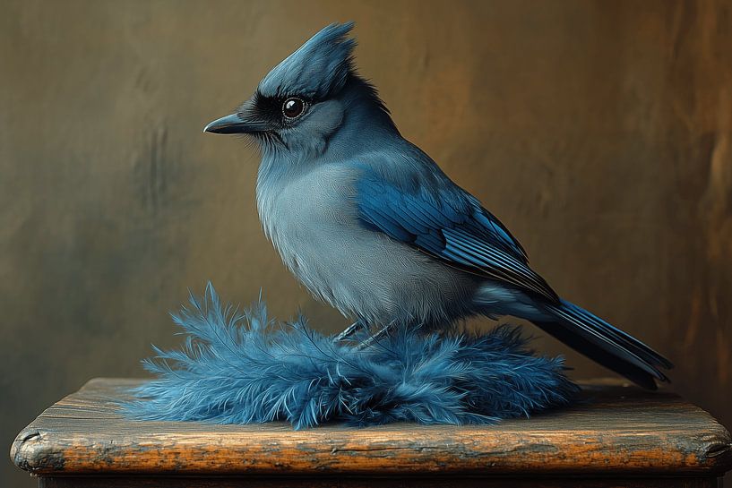 Stellers gaai met blauwe veren (in de stijl van Henk Helmantel) van Ton Kuijpers