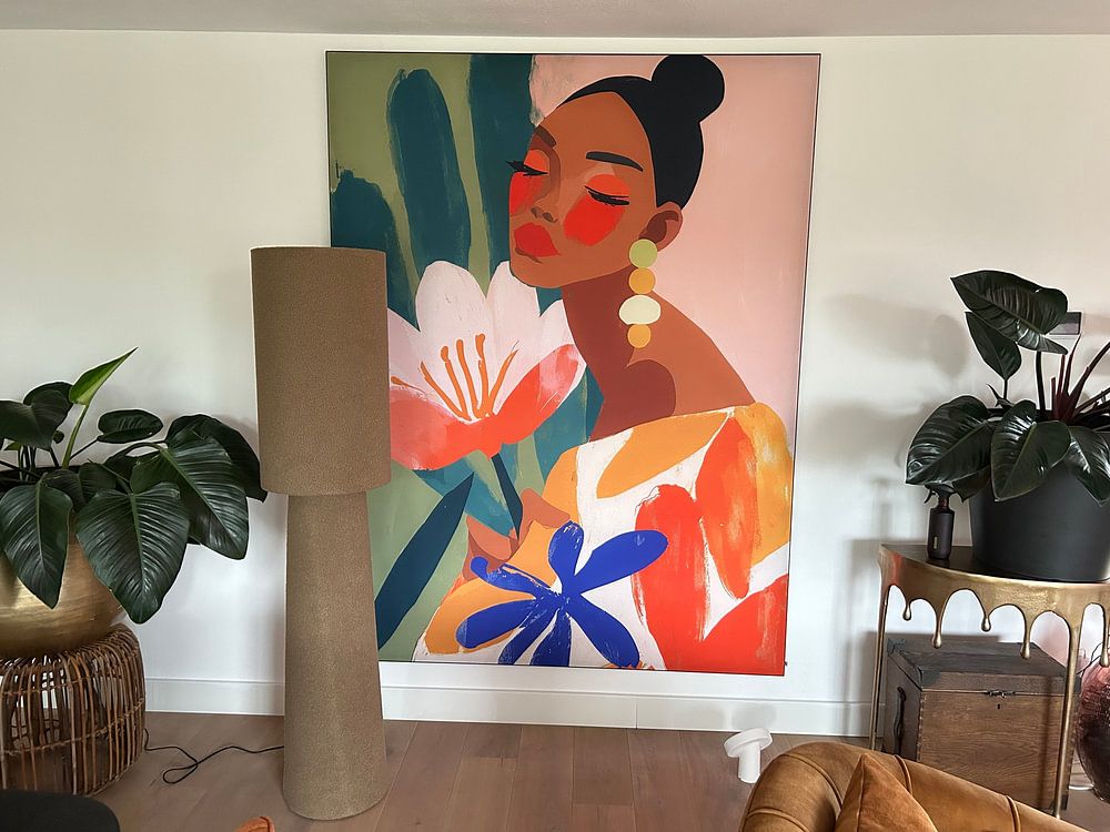 Stylish modern portrait of a woman with flower and colourful patterns  by But First Framing 