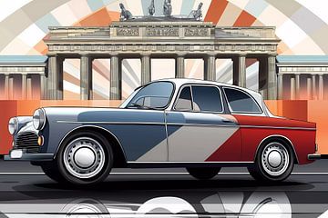 A retro car on a city street with trees of a boulevard. by Ariadna de Raadt-Goldberg