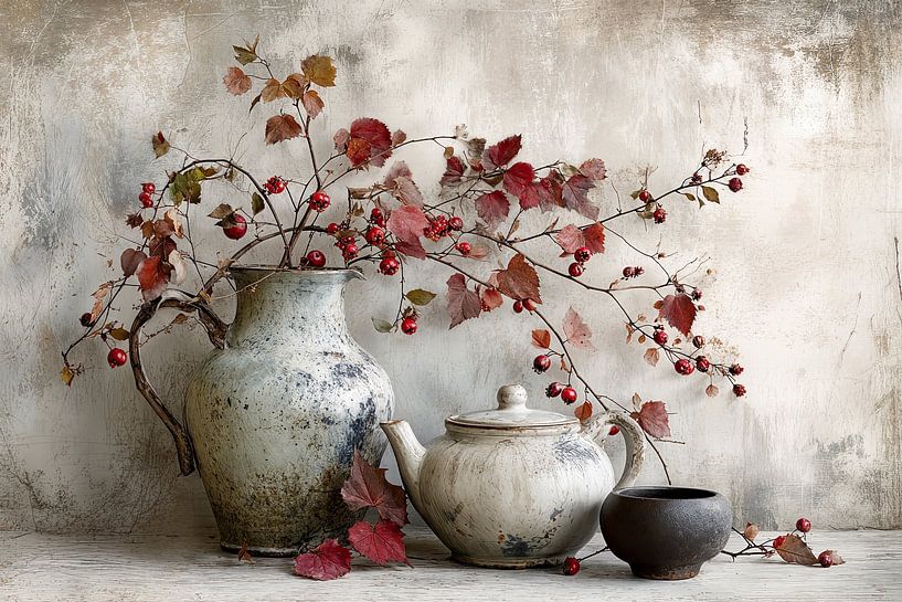 Wabi Sabi stilleven met kruiken en rode bessen -  rustgevend kunstwerk van Joriali fotografie en schilderijen