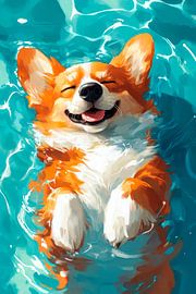Schwimmender Corgi von Poster Art Shop