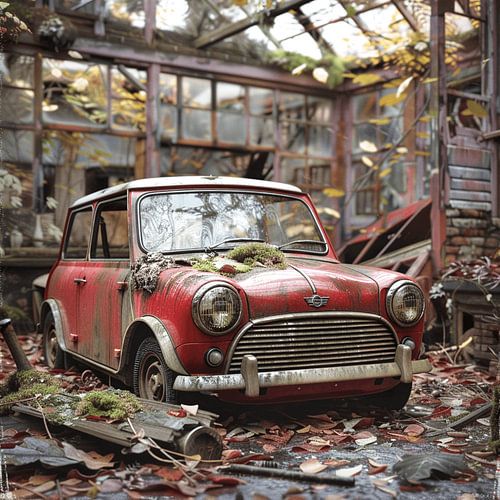 Lost Place Mini Cooper rouge rouillée oubliée dans l'arrière-cour