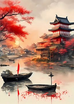 red tree and japan village by jauhari picture graphic