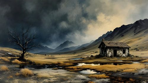 abandoned hut in the mountains, thunderstorm atmosphere
